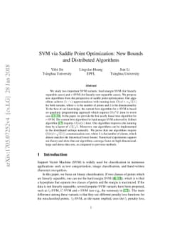 SVM via Saddle Point Optimization: New Bounds and Distributed Algorithms