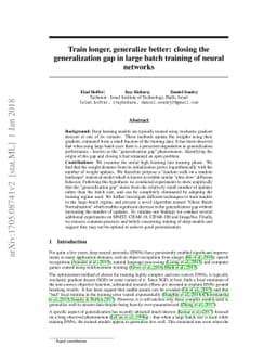 Train longer, generalize better: closing the generalization gap in large
  batch training of neural networks
