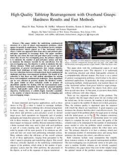 High-Quality Tabletop Rearrangement with Overhand Grasps: Hardness
  Results and Fast Methods