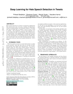 Deep Learning for Hate Speech Detection in Tweets
