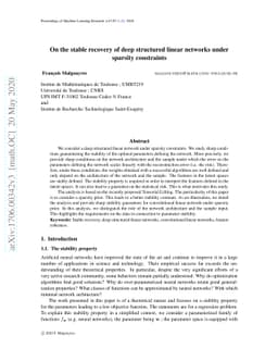 On the stable recovery of deep structured linear networks under sparsity
  constraints