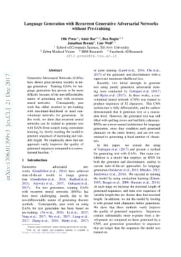 Language Generation with Recurrent Generative Adversarial Networks
  without Pre-training