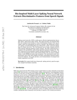 Bio-Inspired Multi-Layer Spiking Neural Network Extracts Discriminative
  Features from Speech Signals