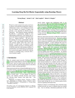 Learning Deep ResNet Blocks Sequentially using Boosting Theory