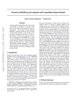 Variants of RMSProp and Adagrad with Logarithmic Regret Bounds