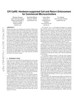 CFI CaRE: Hardware-supported Call and Return Enforcement for Commercial
  Microcontrollers
