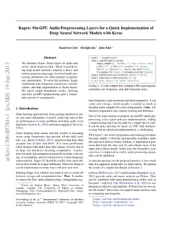 Kapre: On-GPU Audio Preprocessing Layers for a Quick Implementation of
  Deep Neural Network Models with Keras