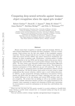 Comparing deep neural networks against humans: object recognition when
  the signal gets weaker