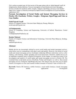 Forensic Investigation of Social Media and Instant Messaging Services in
  Firefox OS: Facebook, Twitter, Google+, Telegram, OpenWapp and Line as Case
  Studies