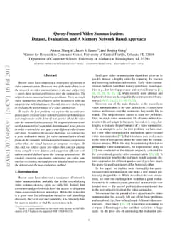 Query-Focused Video Summarization: Dataset, Evaluation, and A Memory
  Network Based Approach