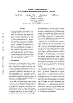 Artificial Error Generation with Machine Translation and Syntactic
  Patterns