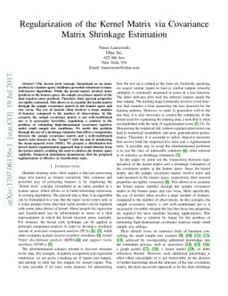 Regularization of the Kernel Matrix via Covariance Matrix Shrinkage
  Estimation