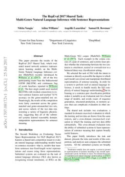 The RepEval 2017 Shared Task: Multi-Genre Natural Language Inference
  with Sentence Representations