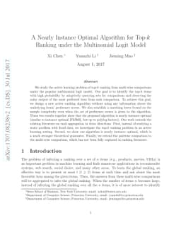 A Nearly Instance Optimal Algorithm for Top-k Ranking under the
  Multinomial Logit Model