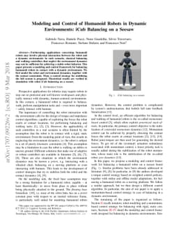 Modeling and Control of Humanoid Robots in Dynamic Environments: iCub
  Balancing on a Seesaw