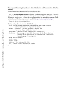 The Argument Reasoning Comprehension Task: Identification and
  Reconstruction of Implicit Warrants