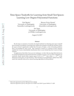 Time-Space Tradeoffs for Learning from Small Test Spaces: Learning Low
  Degree Polynomial Functions