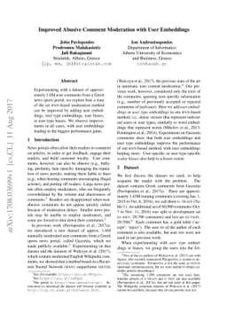 Improved Abusive Comment Moderation with User Embeddings