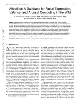 AffectNet: A Database for Facial Expression, Valence, and Arousal
  Computing in the Wild