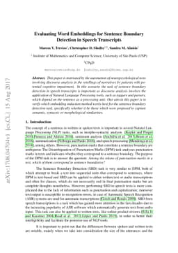 Evaluating Word Embeddings for Sentence Boundary Detection in Speech
  Transcripts