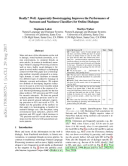 Really? Well. Apparently Bootstrapping Improves the Performance of
  Sarcasm and Nastiness Classifiers for Online Dialogue