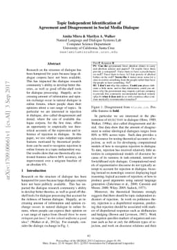 Topic Independent Identification of Agreement and Disagreement in Social
  Media Dialogue