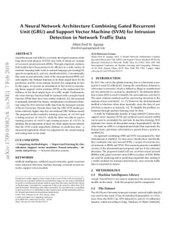 A Neural Network Architecture Combining Gated Recurrent Unit (GRU) and
  Support Vector Machine (SVM) for Intrusion Detection in Network Traffic Data