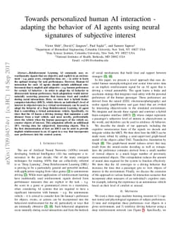 Towards personalized human AI interaction - adapting the behavior of AI
  agents using neural signatures of subjective interest