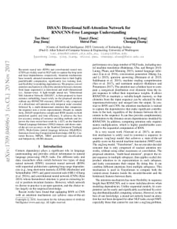 DiSAN: Directional Self-Attention Network for RNN/CNN-Free Language
  Understanding