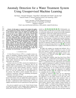 Anomaly Detection for a Water Treatment System Using Unsupervised
  Machine Learning