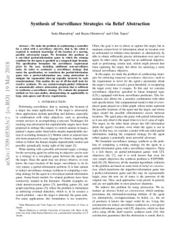 Synthesis of surveillance strategies via belief abstraction