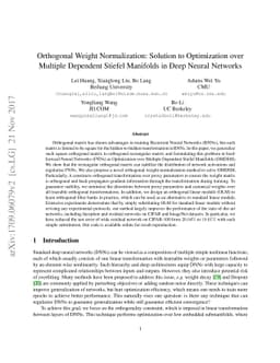 Orthogonal Weight Normalization: Solution to Optimization over Multiple
  Dependent Stiefel Manifolds in Deep Neural Networks