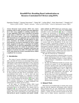 BreathRNNet: Breathing Based Authentication on Resource-Constrained IoT
  Devices using RNNs