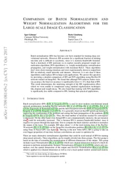 Comparison of Batch Normalization and Weight Normalization Algorithms
  for the Large-scale Image Classification