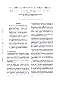 End-to-end Network for Twitter Geolocation Prediction and Hashing