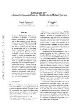PubMed 200k RCT: a Dataset for Sequential Sentence Classification in
  Medical Abstracts