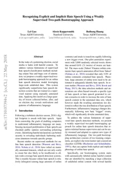 Recognizing Explicit and Implicit Hate Speech Using a Weakly Supervised
  Two-path Bootstrapping Approach