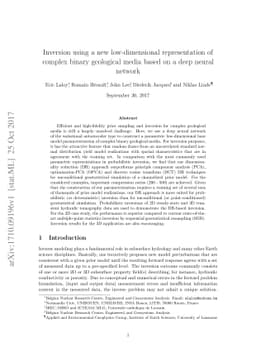 Inversion using a new low-dimensional representation of complex binary
  geological media based on a deep neural network
