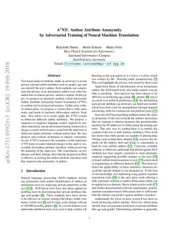 $A^{4}NT$: Author Attribute Anonymity by Adversarial Training of Neural
  Machine Translation