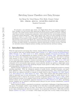 Sketching Linear Classifiers over Data Streams