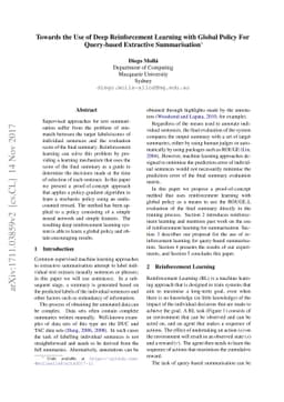 Towards the Use of Deep Reinforcement Learning with Global Policy For
  Query-based Extractive Summarisation