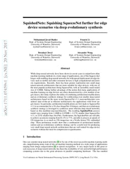 SquishedNets: Squishing SqueezeNet further for edge device scenarios via
  deep evolutionary synthesis