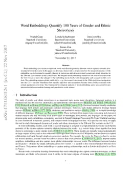 Word Embeddings Quantify 100 Years of Gender and Ethnic Stereotypes