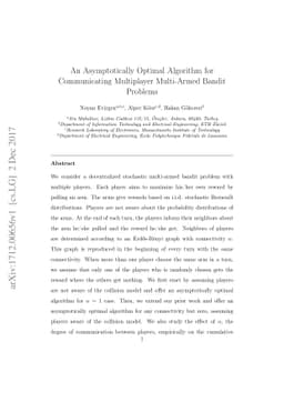 An Asymptotically Optimal Algorithm for Communicating Multiplayer
  Multi-Armed Bandit Problems