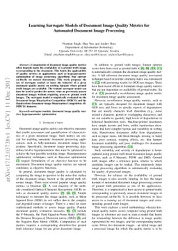 Learning Surrogate Models of Document Image Quality Metrics for
  Automated Document Image Processing