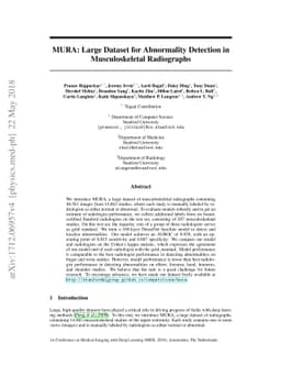 MURA: Large Dataset for Abnormality Detection in Musculoskeletal
  Radiographs