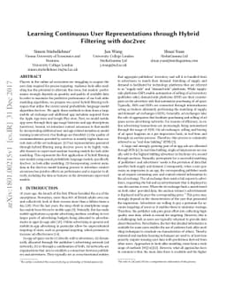 Learning Continuous User Representations through Hybrid Filtering with
  doc2vec