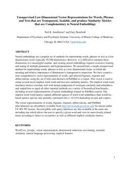 Unsupervised Low-Dimensional Vector Representations for Words, Phrases
  and Text that are Transparent, Scalable, and produce Similarity Metrics that
  are Complementary to Neural Embeddings