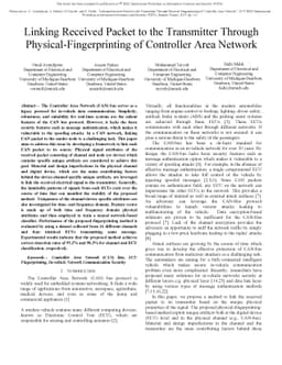 Linking Received Packet to the Transmitter Through
  Physical-Fingerprinting of Controller Area Network