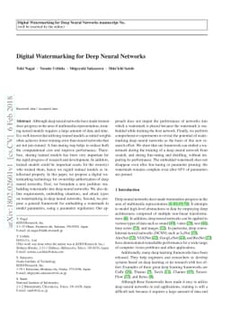 Digital Watermarking for Deep Neural Networks
